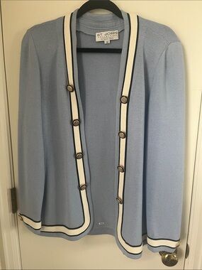 St. John Collection Light Blue Knit Cardigan with Black/White Trim Size 12
